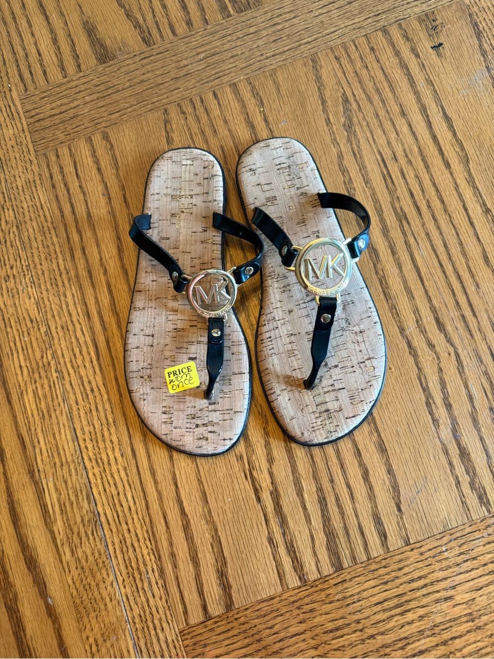 Michael Kors Black and Gold Logo Thong Sandals